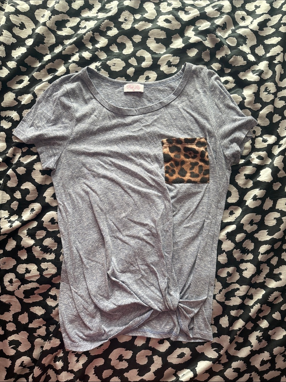 Pink Lily Gray Short Sleeve Tee with Leopard Pocket